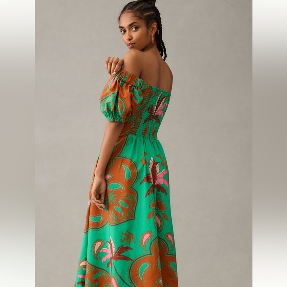 Anthropologie Green and Orange Puff Sleeve Sundress - Picture 5 of 5